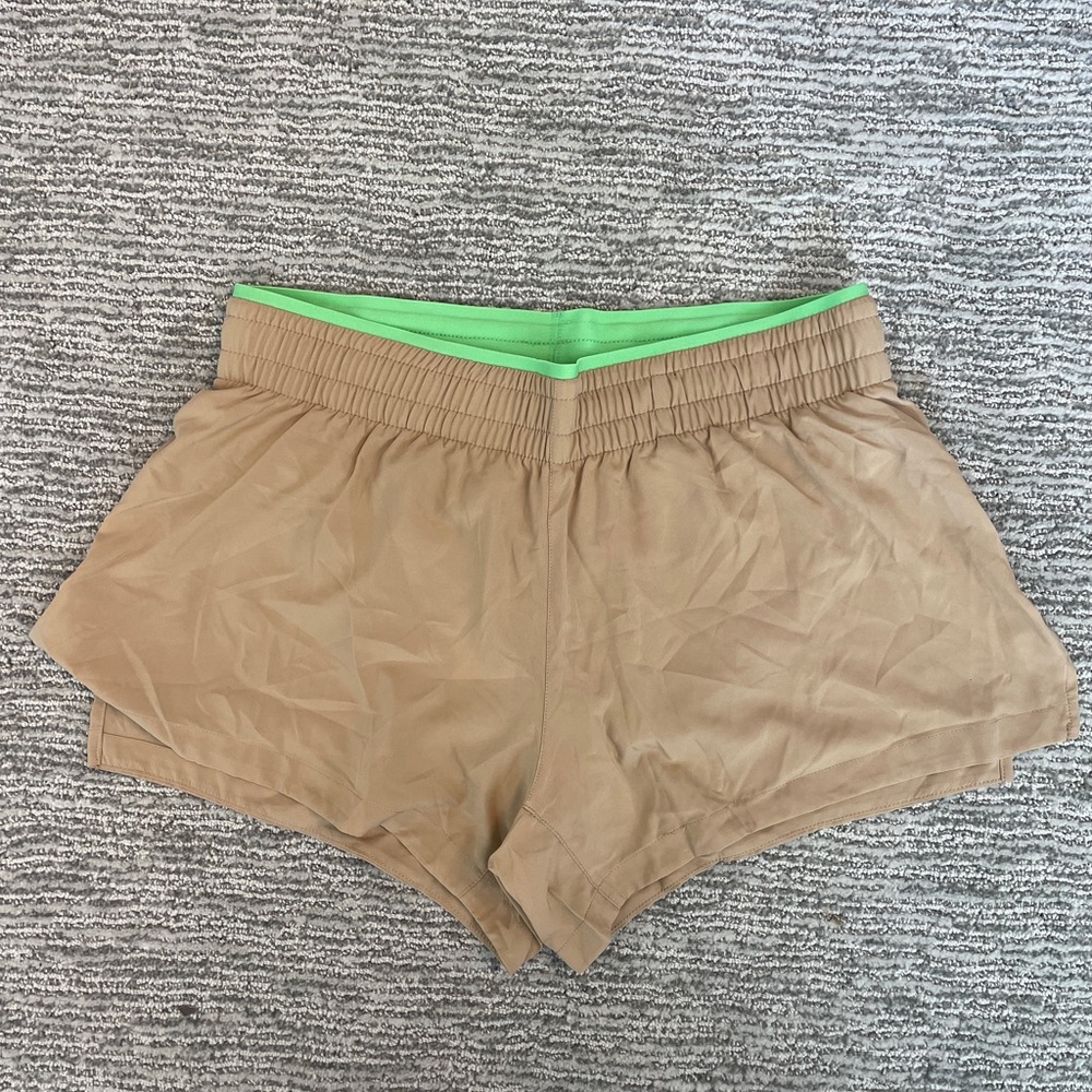 Women’s Fabletics Tan Shorts with Green Waistband